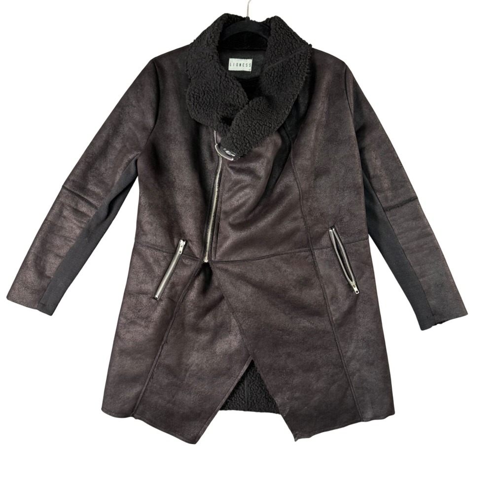 Lioness Black Faux Suede Sherpa Lined Moto Jacket M Asymmetrical Whimsigoth Edgy